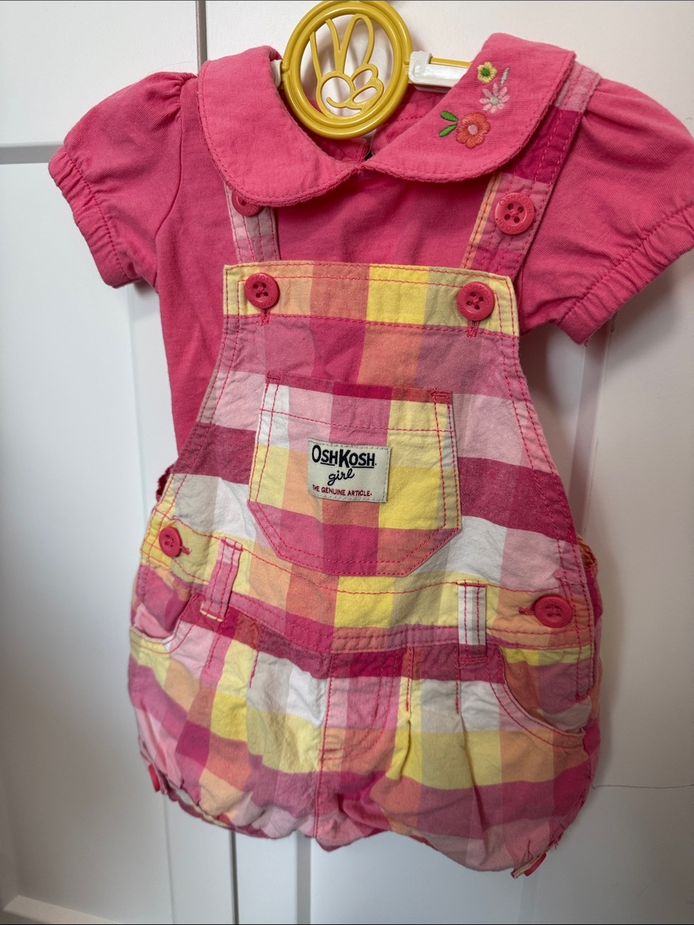Vintage OshKosh B'gosh Pink and Yellow Plaid Girls Overalls w/matching onesie